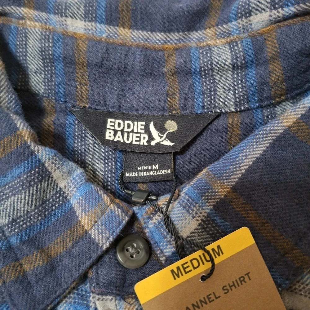 Eddie Bauer Shirt Mens Medium Insignia Blue Canyon Plaid Twill Flannel Button Up